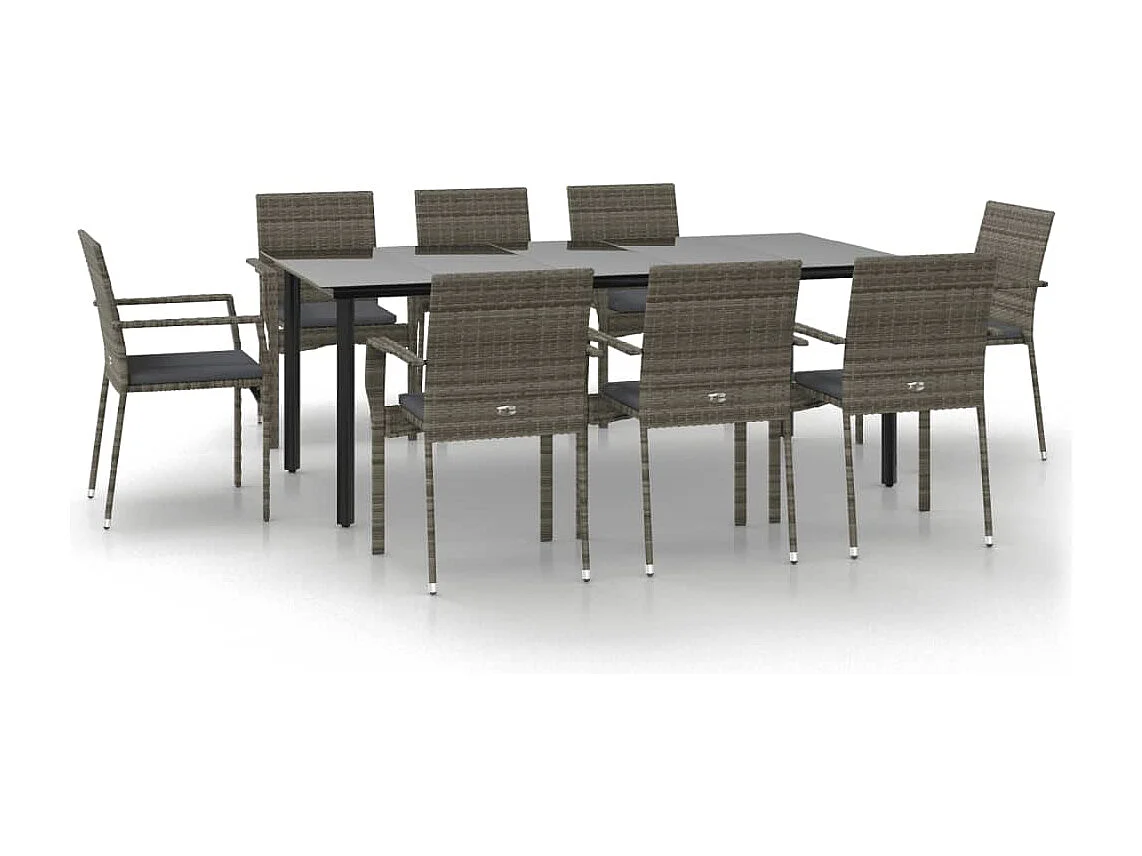 Karl Mason  Set comedor jardín 9 pzas y cojines ratán sintético negro gris