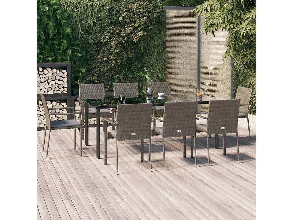 Karl Mason  Set comedor jardín 9 pzas y cojines ratán sintético negro gris