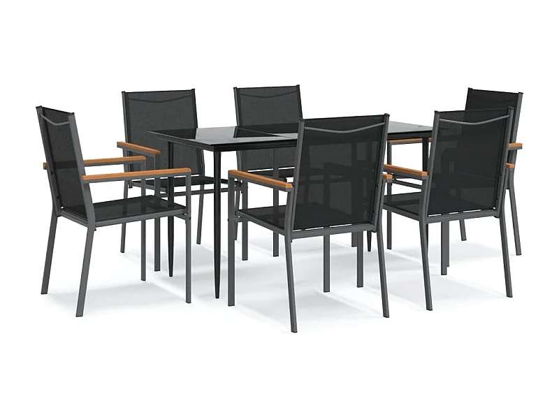 Varlen  Ensemble à manger de jardin 7 pcs noir textilène et acier