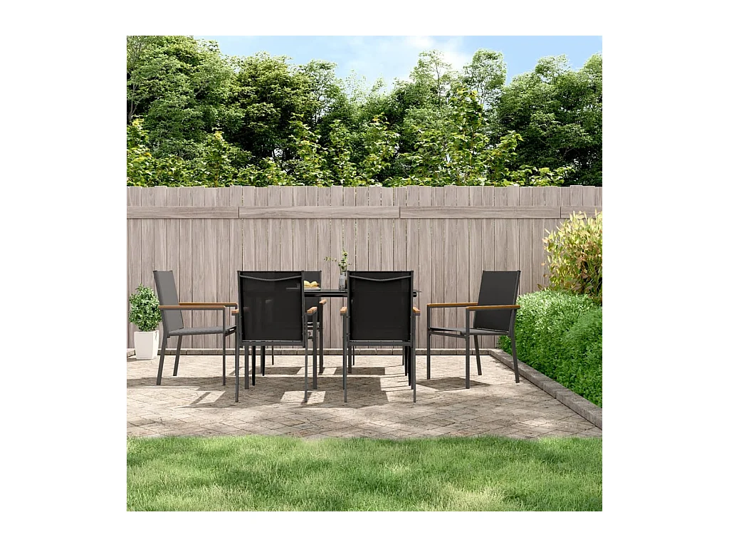 Varlen  Ensemble à manger de jardin 7 pcs noir textilène et acier