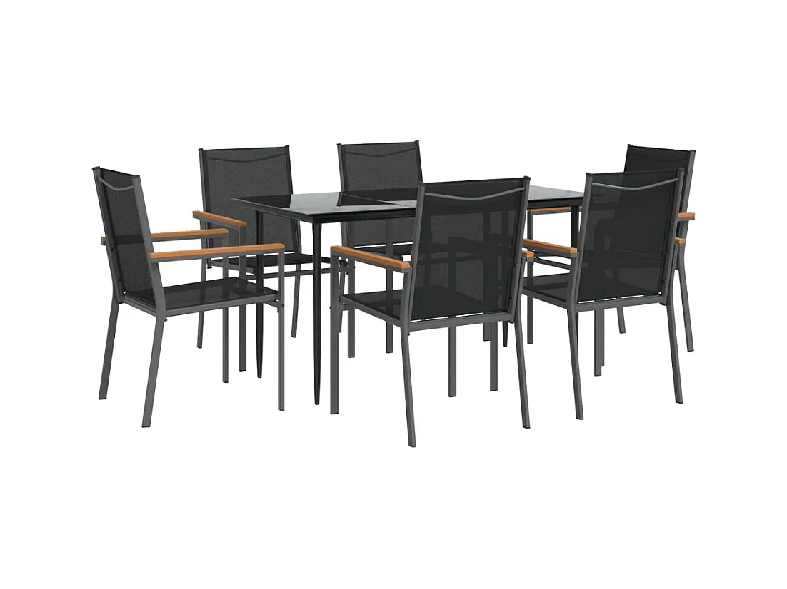 Varlen  Ensemble à manger de jardin 7 pcs noir textilène et acier