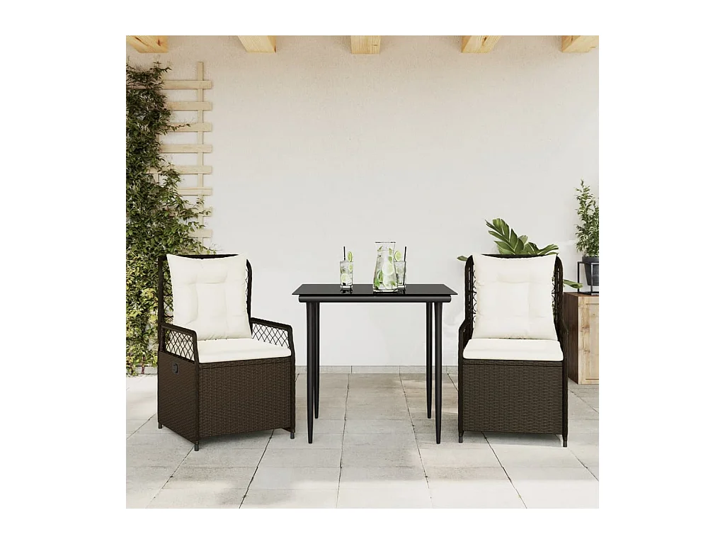 Zalan  Set comedor de jardín 3 piezas y cojines ratán sintético marrón