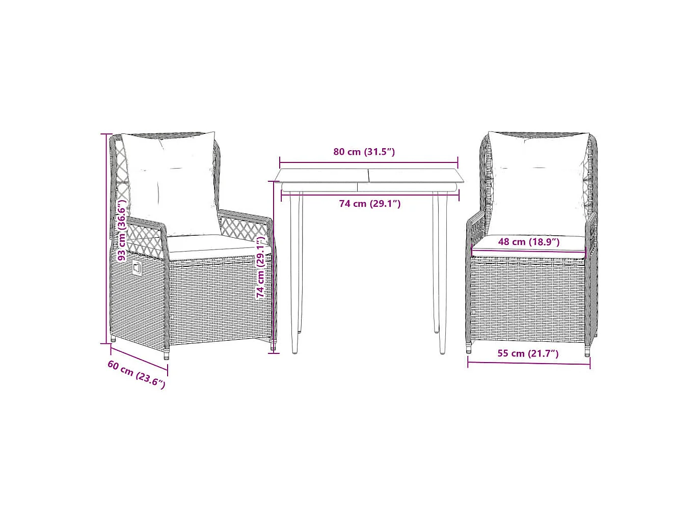 Zalan  Ensemble à manger de jardin 3 pcs et coussins marron poly rotin