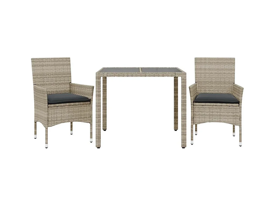 Stafford Springs  Ensemble à manger de jardin avec coussins 3 pcs rotin et verre