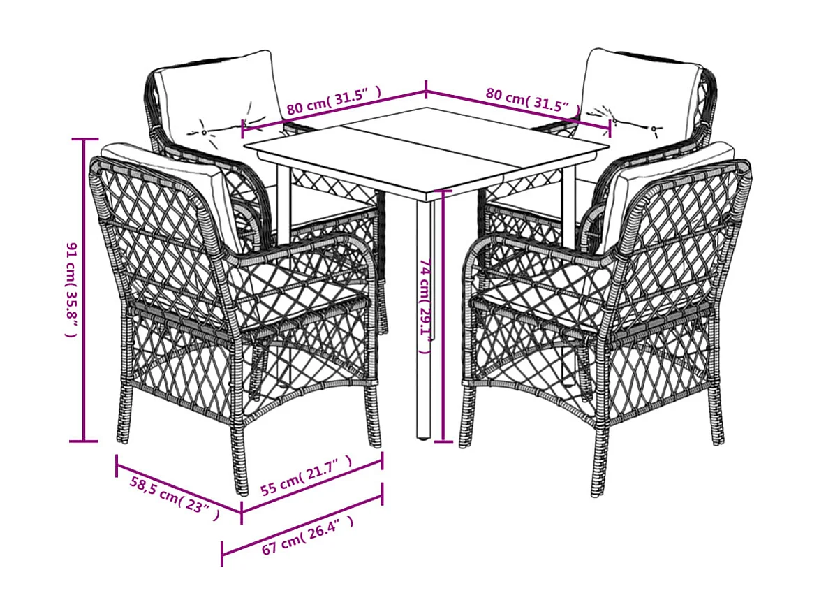 Zynrik  Set comedor de jardín 5 piezas y cojines ratán sintético marrón