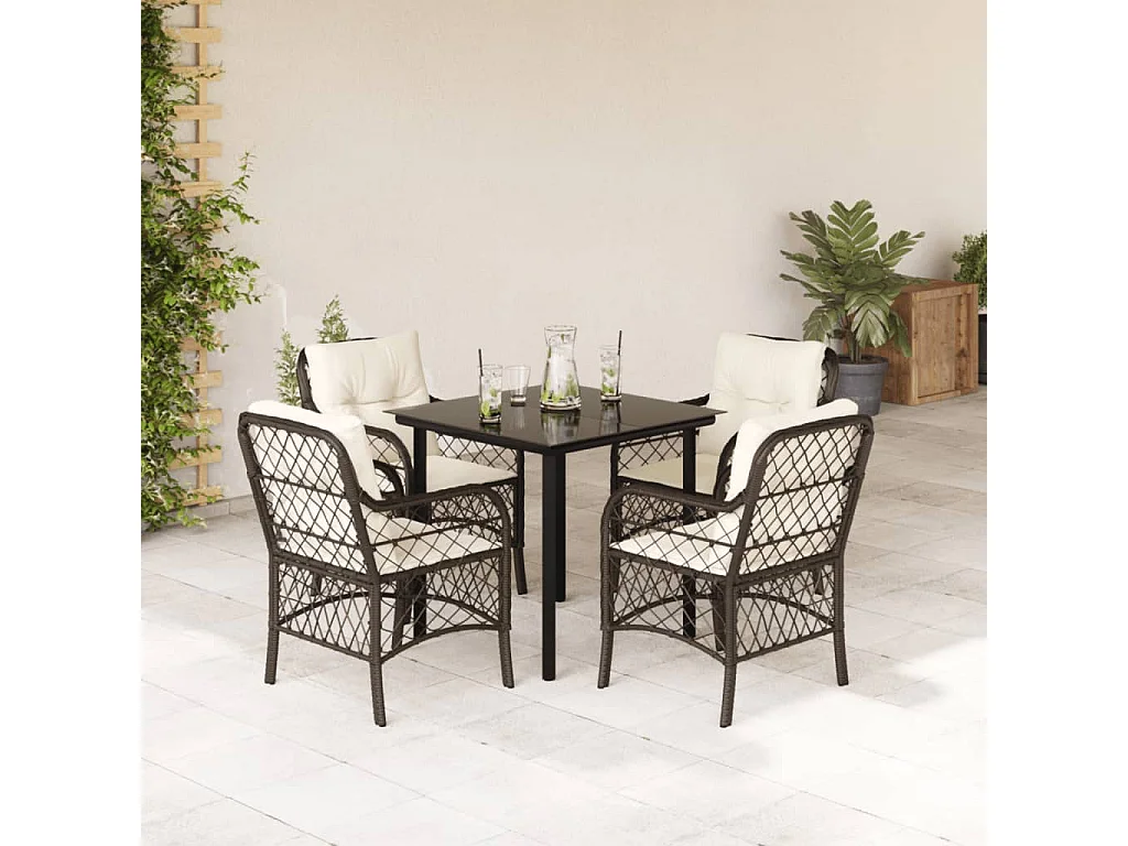 Zynrik  Set comedor de jardín 5 piezas y cojines ratán sintético marrón