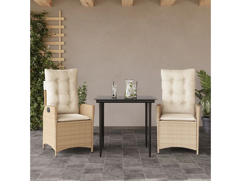 Garden Furniture -  Set comedor de jardín 3 pzas con cojines ratán sintético beige