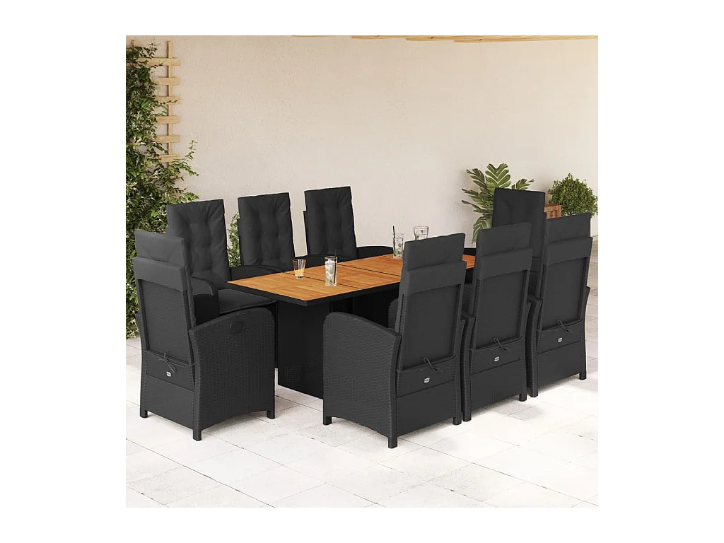 Nayo  Set de comedor de jardín 9 pzas y cojines ratán sintético negro