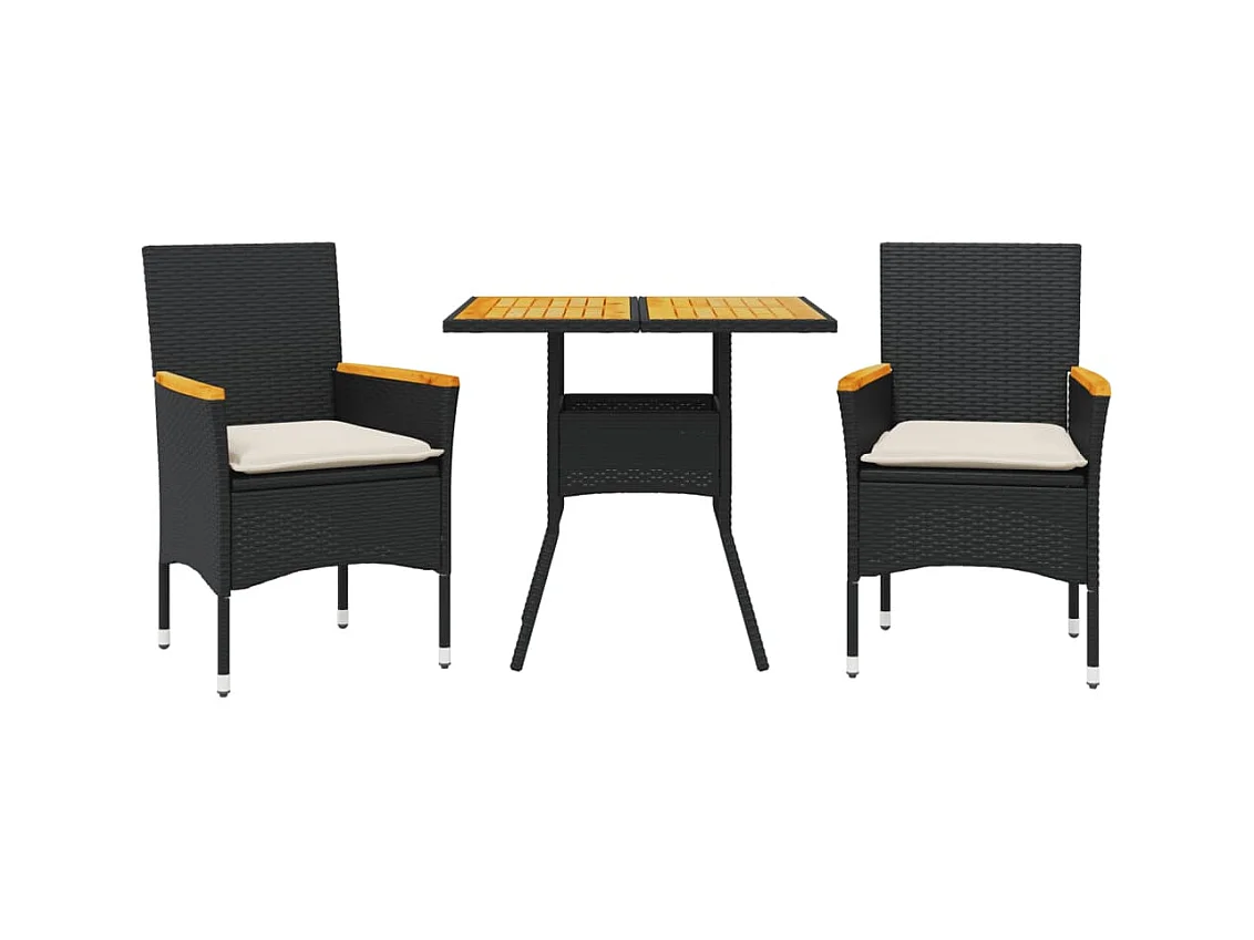 Zac  Set de comedor jardín 3 pzas con cojines ratán PE acacia negro