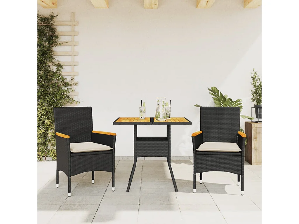 Zac  Ensemble à manger de jardin et coussins 3 pcs noir rotin acacia