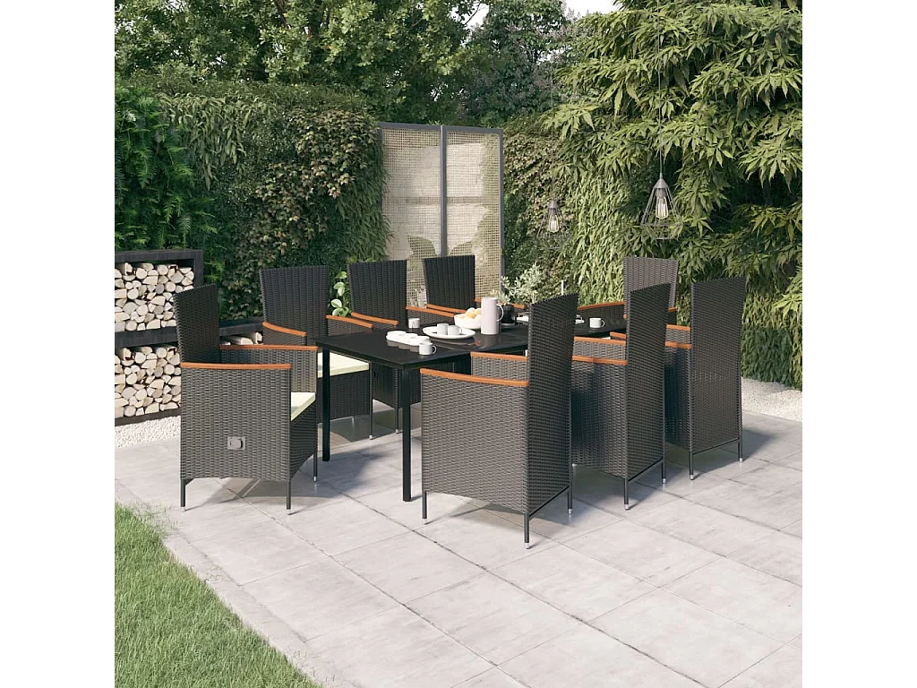 Serafino  Ensemble à manger de jardin avec coussins 9 pcs noir
