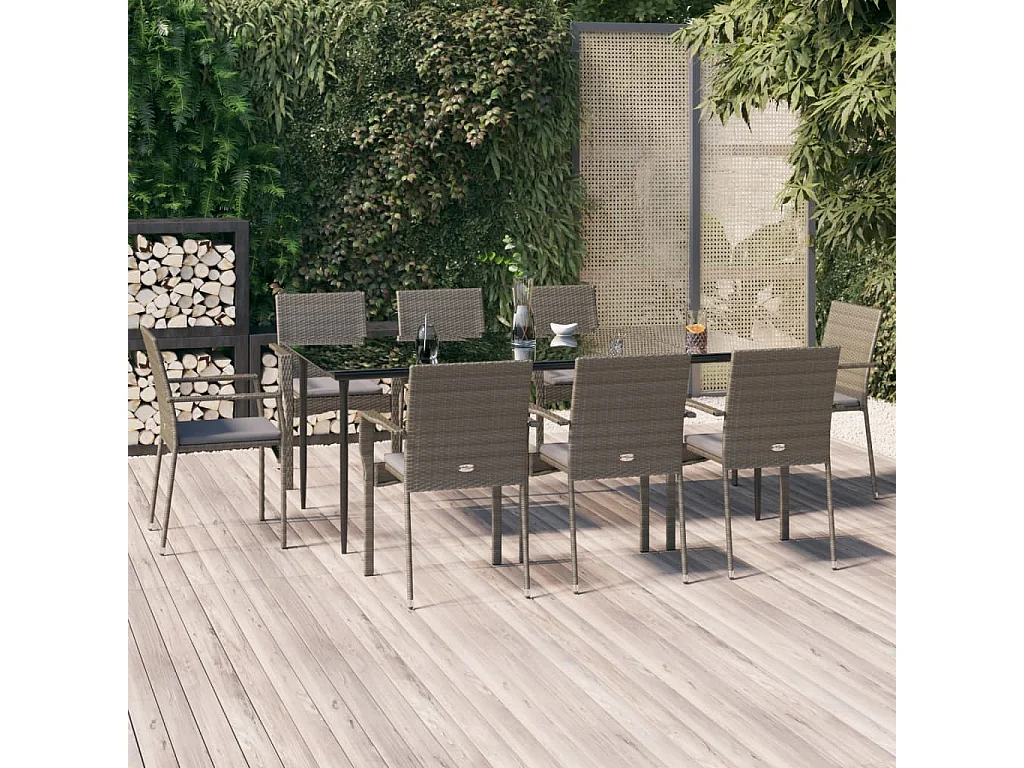 Albert  Set comedor jardín 9 pzas y cojines ratán sintético negro gris