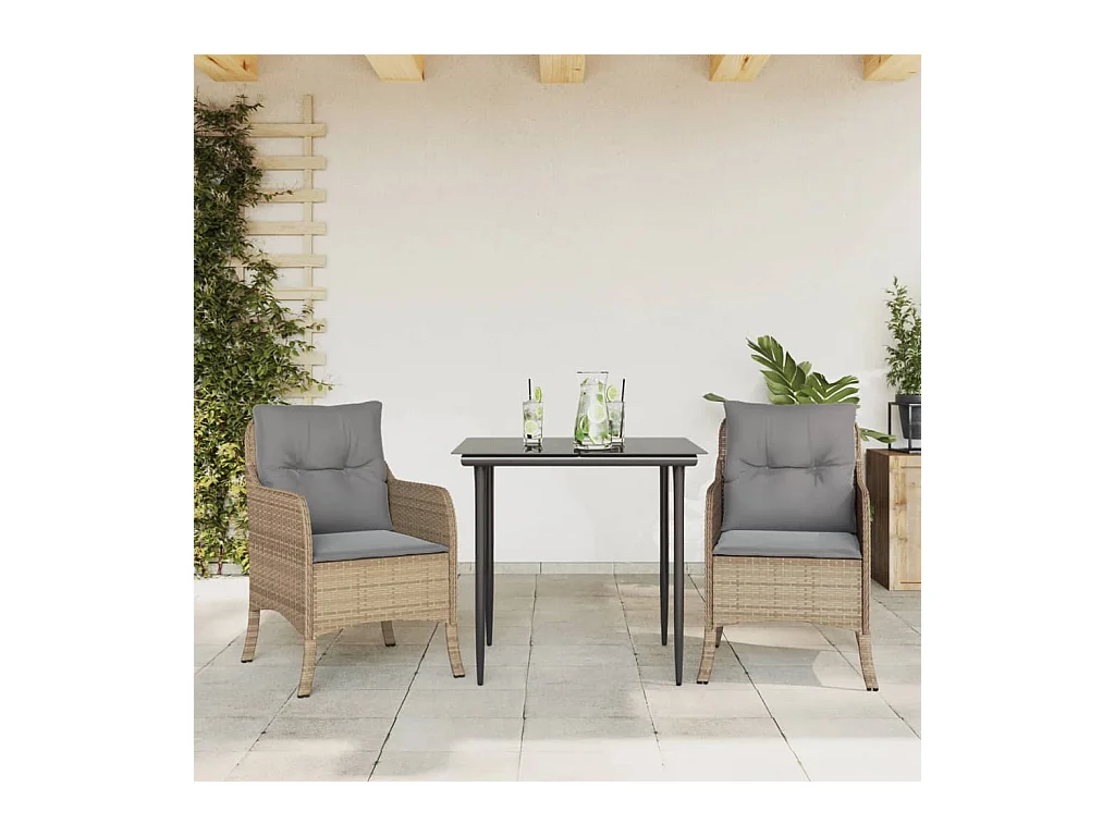 Denison  Ensemble à manger de jardin et coussins 3 pcs Beige poly rotin