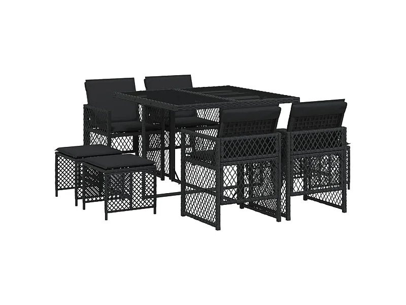 Lubbeek  Set de comedor de jardín 9 pzas y cojines ratán sintético negro