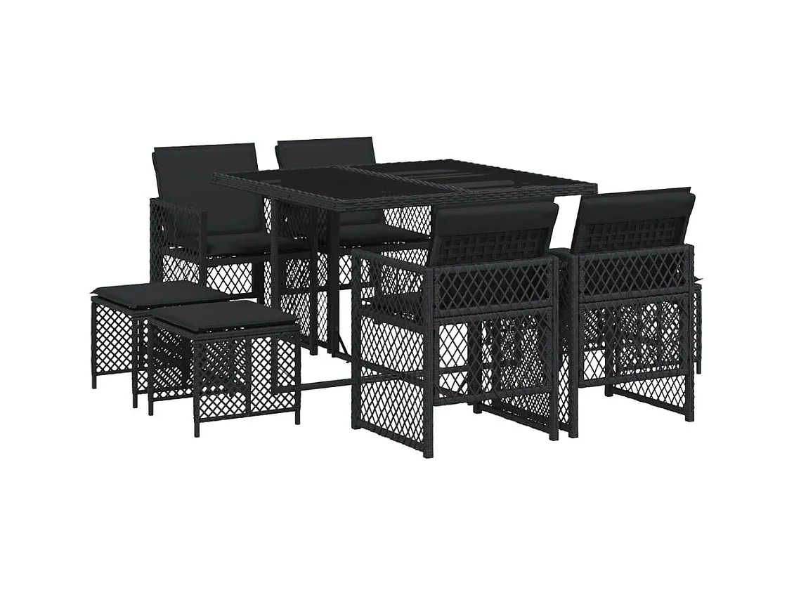 Lubbeek  Set de comedor de jardín 9 pzas y cojines ratán sintético negro