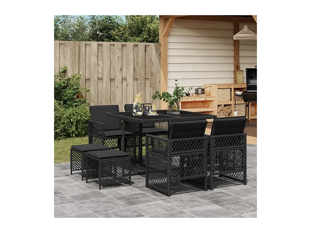 Lubbeek  Set de comedor de jardín 9 pzas y cojines ratán sintético negro