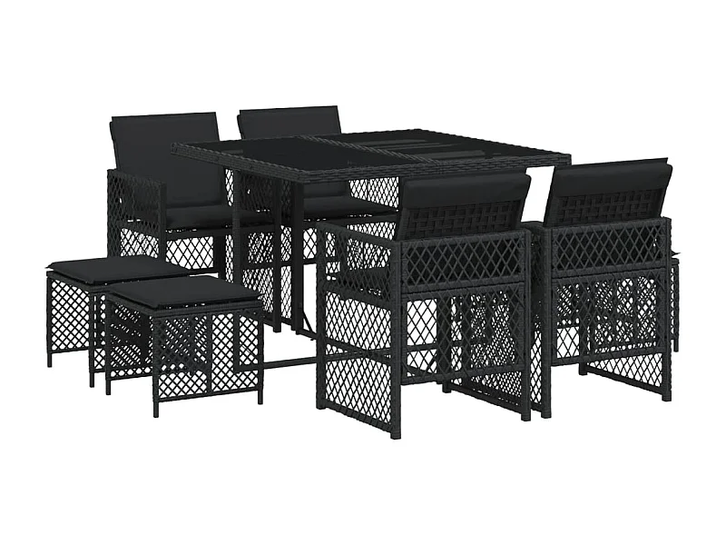 Lubbeek  Set de comedor de jardín 9 pzas y cojines ratán sintético negro