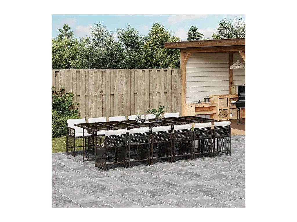 Jeffersontown  Ensemble à manger de jardin avec coussins 13 pcs marron rotin