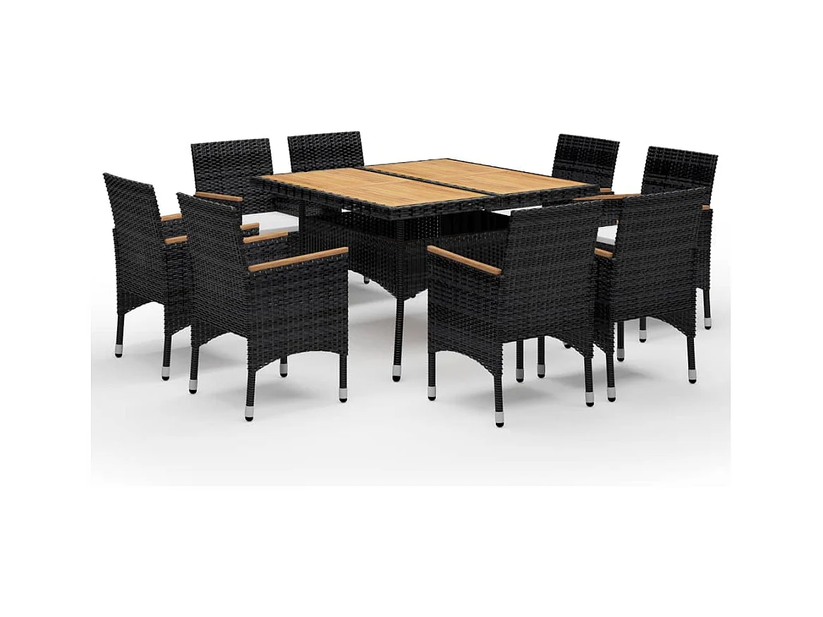 Løgumkloster  Set de comedor de jardín 9 pzas ratán PE y madera acacia negro