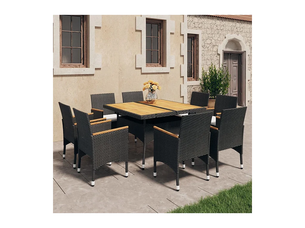 Løgumkloster  Set de comedor de jardín 9 pzas ratán PE y madera acacia negro