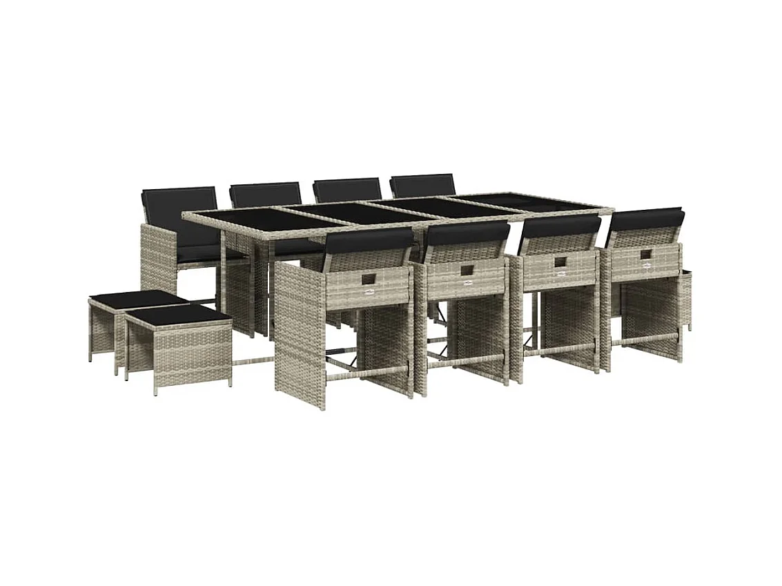 Zenn  Ensemble à manger de jardin et coussins 13 pcs gris clair rotin