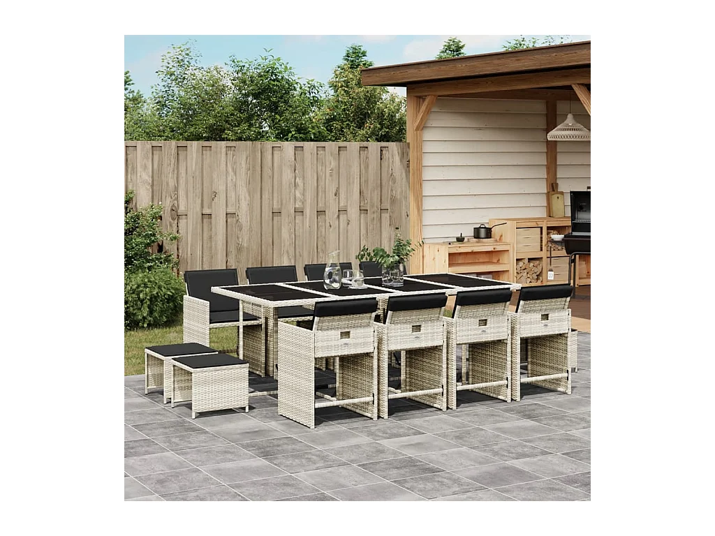 Zenn  Ensemble à manger de jardin et coussins 13 pcs gris clair rotin