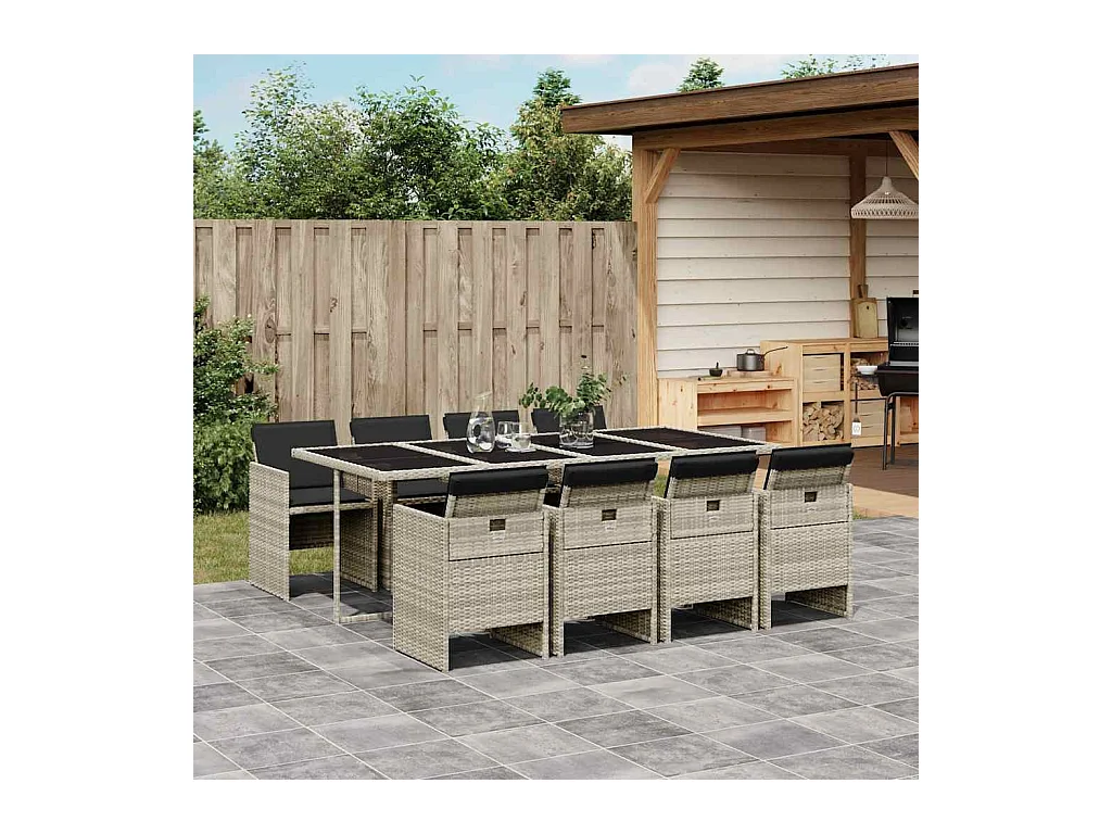 Jesse  Ensemble à manger de jardin et coussins 9 pcs gris clair rotin