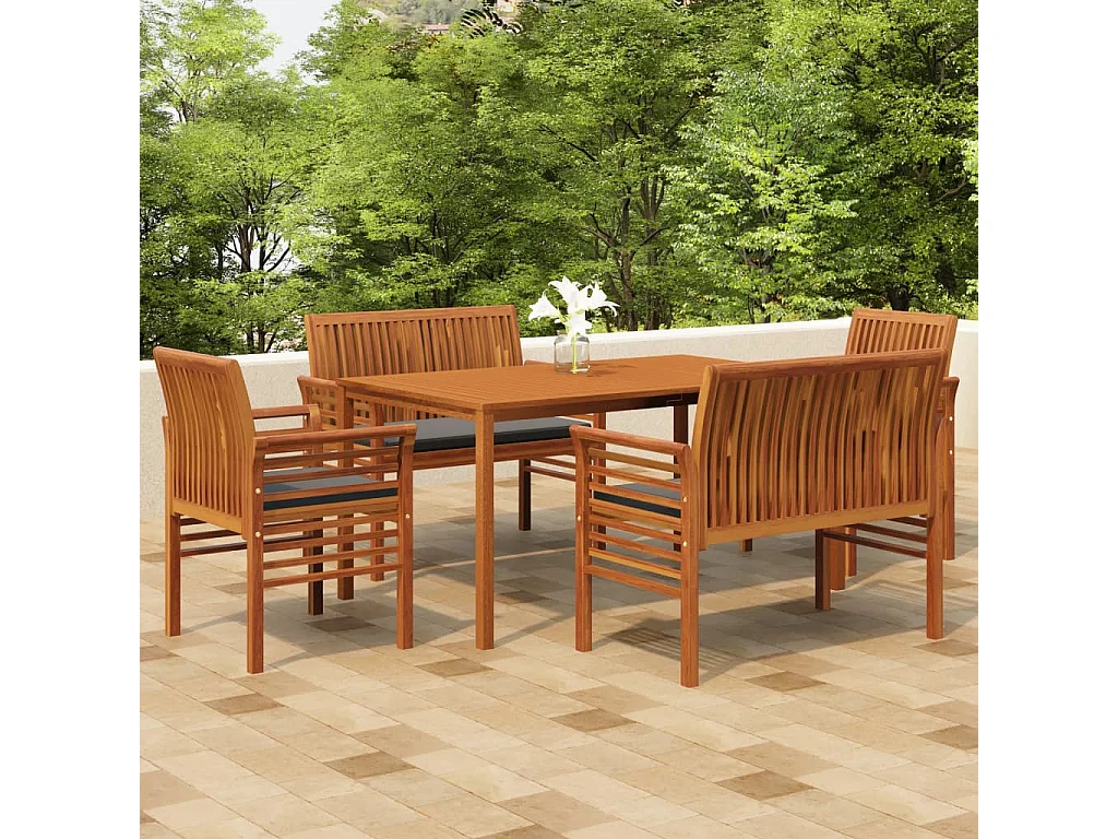 Bourges  Ensemble à manger d'extérieur 5 pcs et coussins Acacia solide