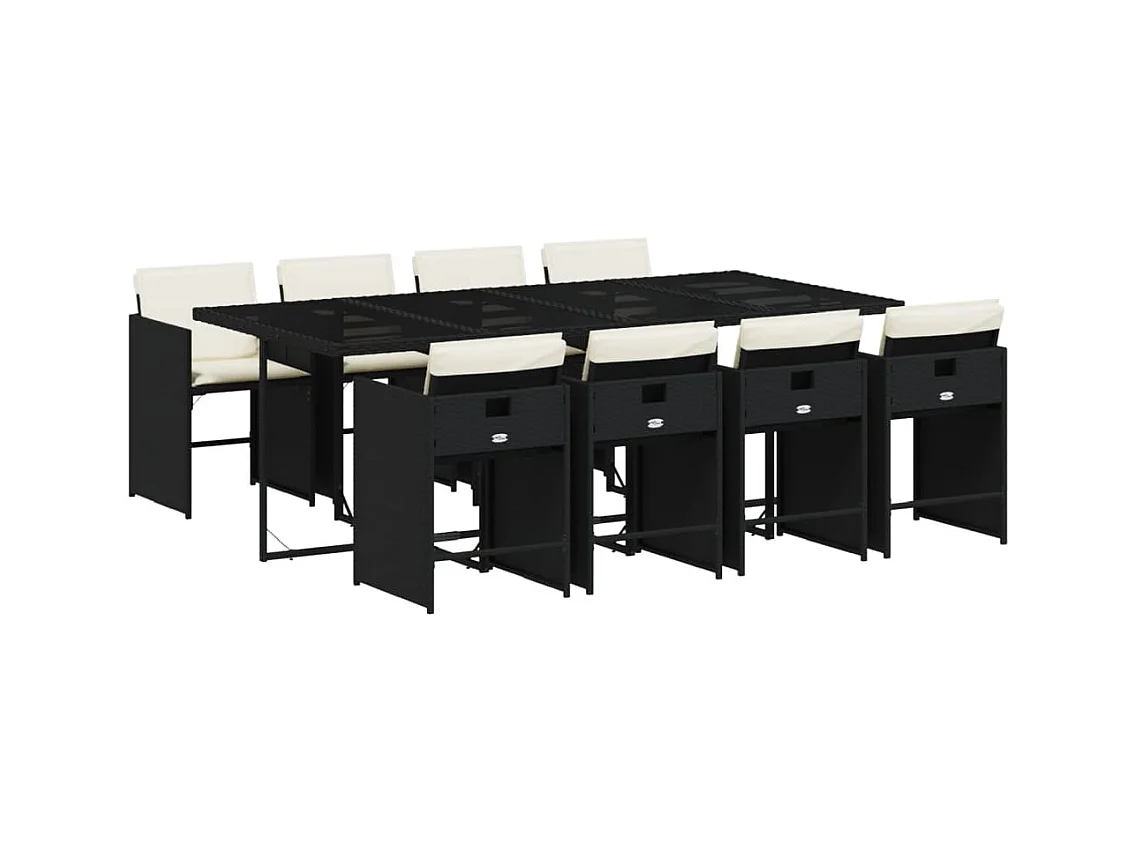 Zele  Set de comedor de jardín 9 pzas y cojines ratán sintético negro