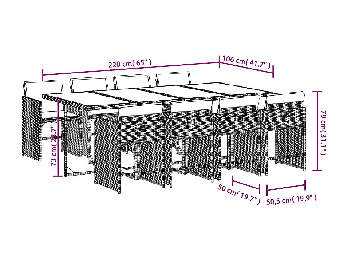 Zele  Set de comedor de jardín 9 pzas y cojines ratán sintético negro