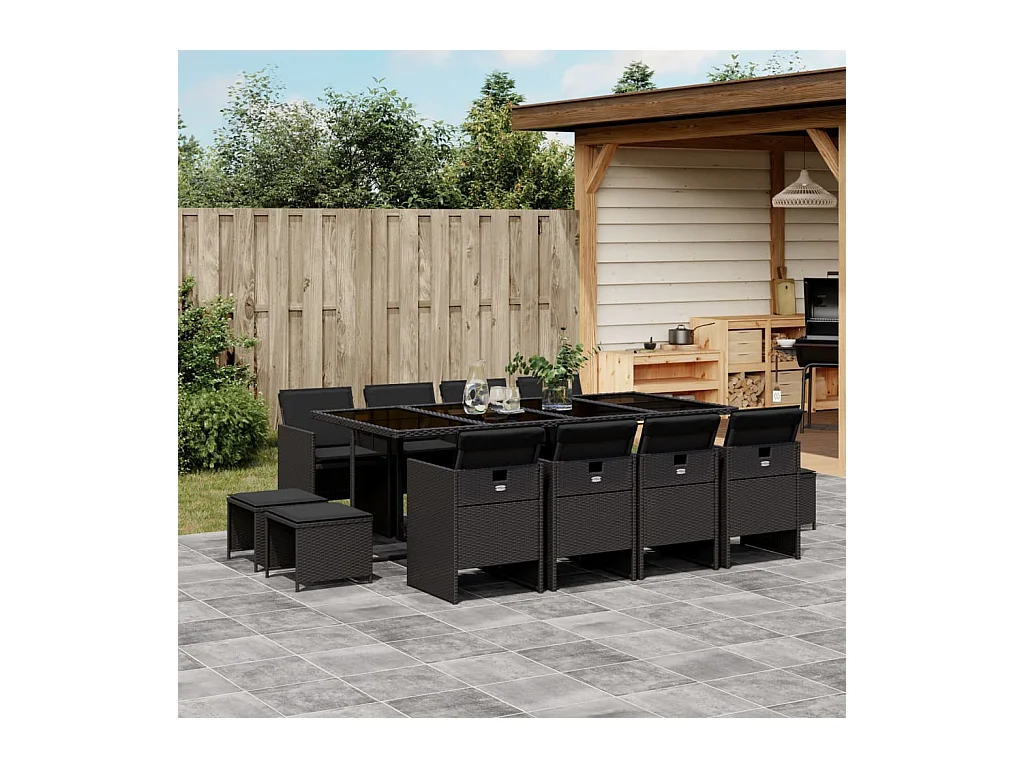 Bonno  Ensemble à manger de jardin 13 pcs coussins noir résine tressée