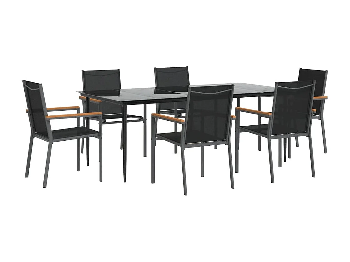 Varlen  Ensemble à manger de jardin 7 pcs noir textilène et acier