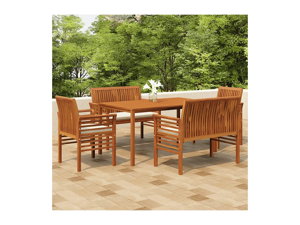 Bourges  Ensemble à manger d'extérieur 5 pcs et coussins Acacia solide