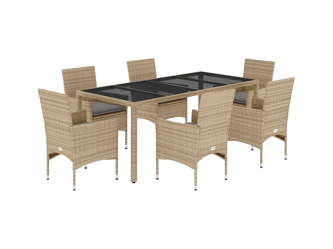 Stafford Springs  Ensemble à manger de jardin et coussins 7 pcs beige rotin verre