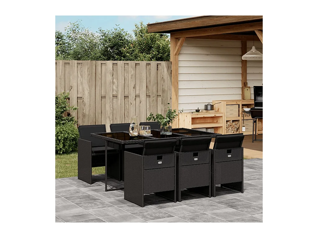 Ljungby  Ensemble à manger de jardin coussins 7pcs Noir Résine tressée
