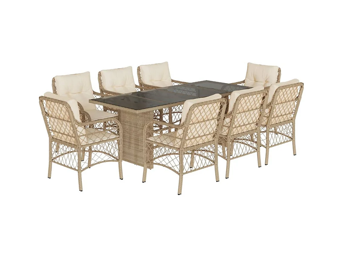 Fort Bragg  Set comedor de jardín 9 pzas con cojines ratán sintético beige