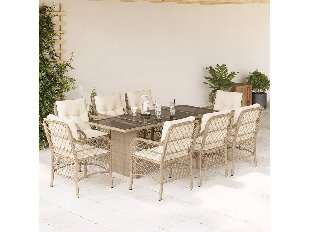 Fort Bragg  Ensemble à manger de jardin et coussins 9 pcs beige Poly rotin