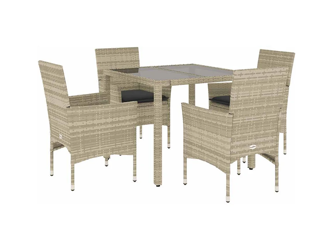 Stafford Springs  Set comedor jardín 5 pzas y cojines ratán PE vidrio gris claro