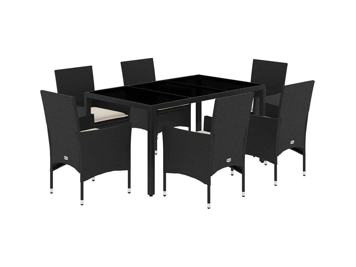 Stafford Springs  Ensemble à manger de jardin et coussins 7 pcs noir rotin acacia