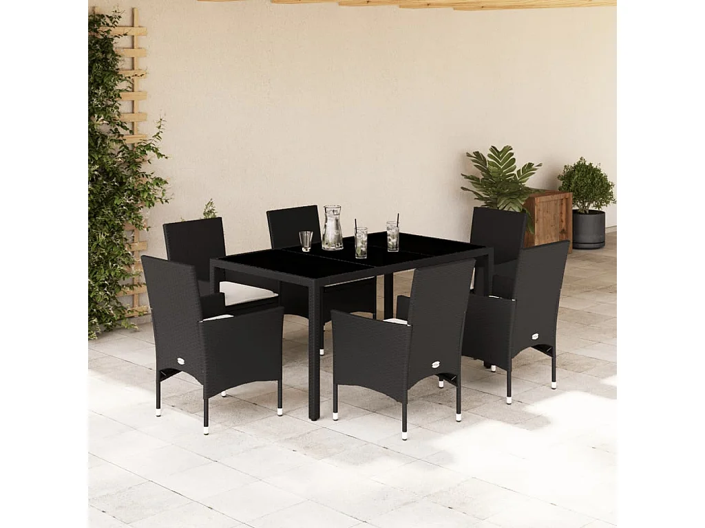 Stafford Springs  Ensemble à manger de jardin et coussins 7 pcs noir rotin acacia