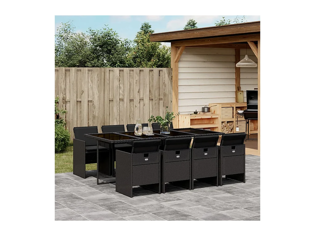 Ljungby  Set de comedor de jardín 9 pzas y cojines ratán sintético negro
