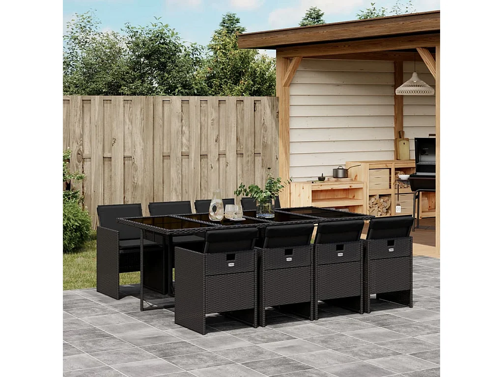 Ljungby  Ensemble à manger de jardin 9pcs coussins noir résine tressée