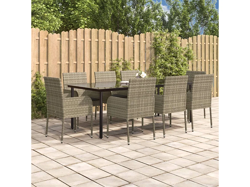 Zyldr  Set comedor jardín 9 pzas y cojines ratán sintético negro gris