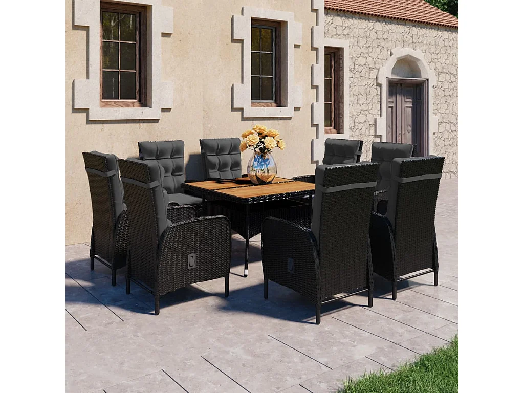 Tatum  Ensemble à manger de jardin 9 pcs Résine tressée et acacia Noir