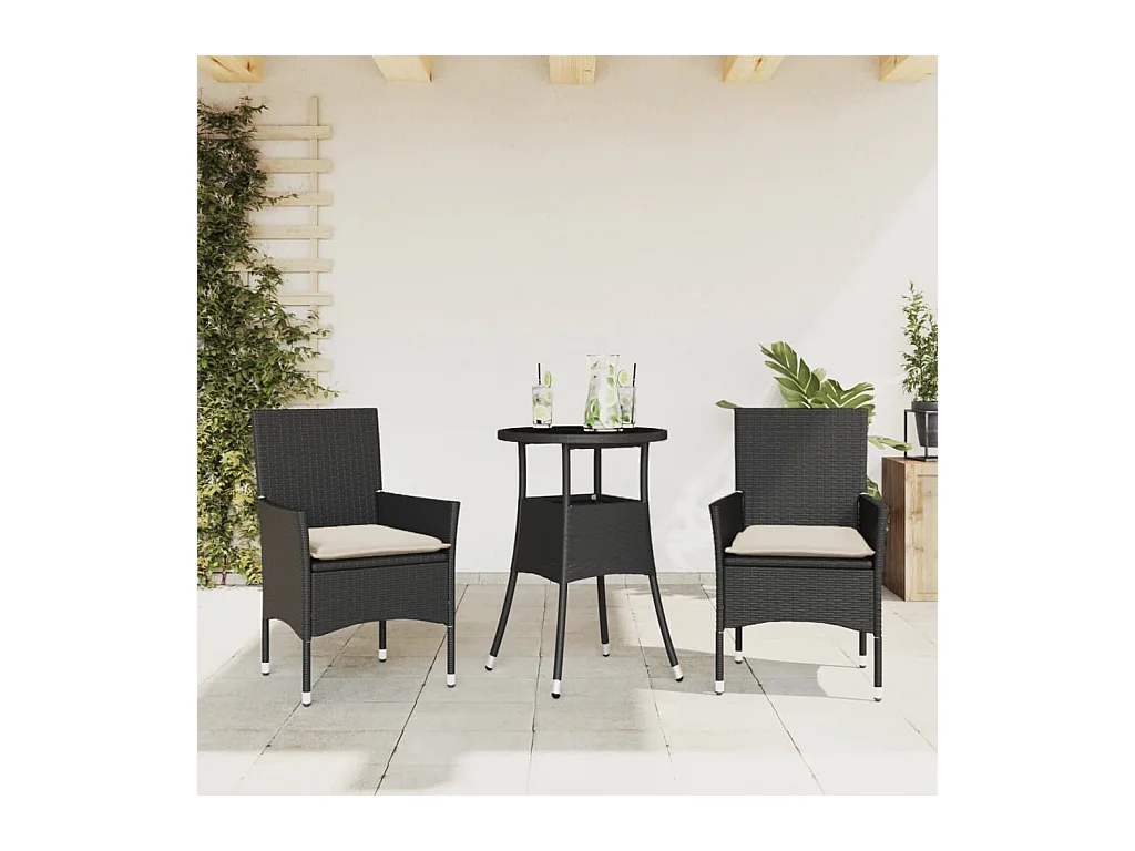 Rantasalmi  Ensemble à manger de jardin et coussins 3 pcs noir rotin verre