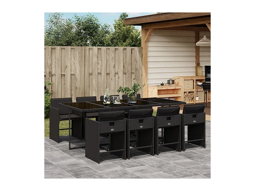 Heeswijk-Dinther  Set de comedor de jardín 9 pzas y cojines ratán sintético negro
