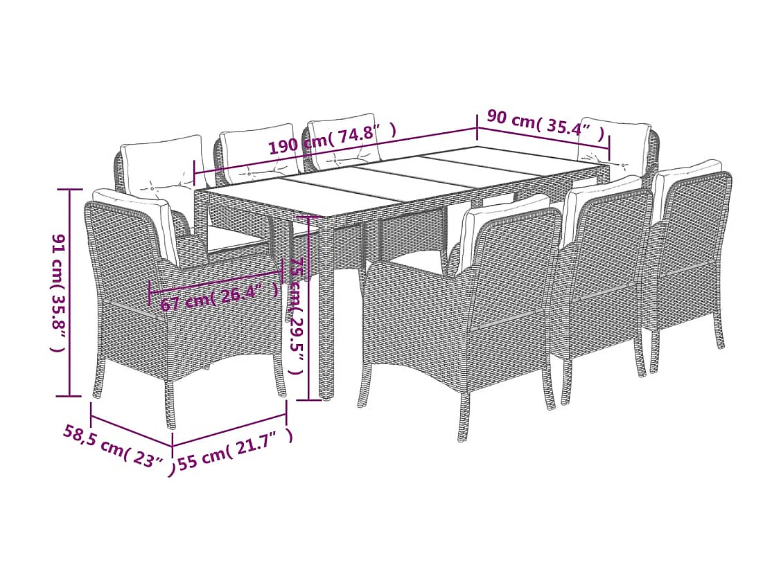 Marco Gianluca  Ensemble à manger de jardin 9pcs coussins noir résine tressée