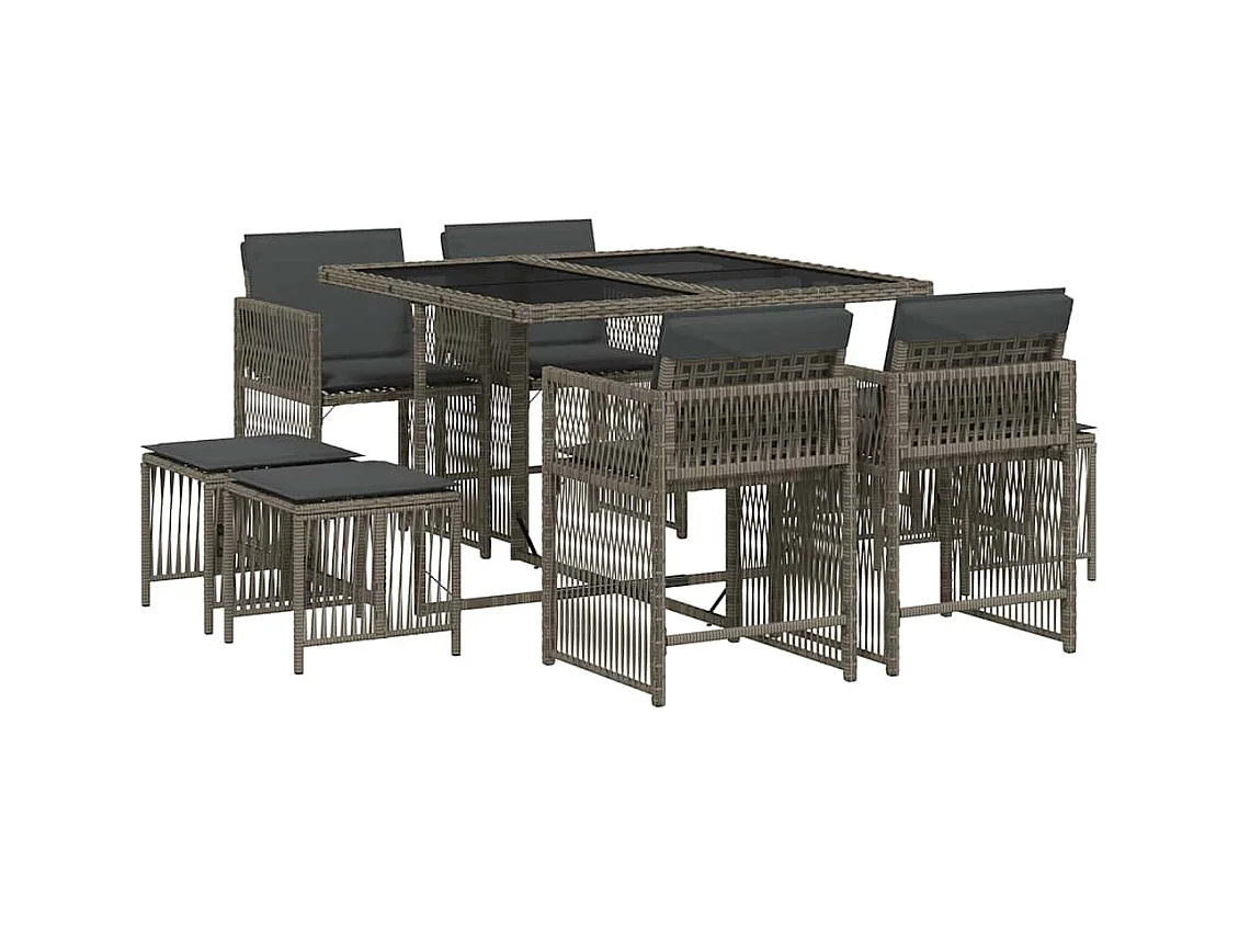 Laura Lucía  Ensemble à manger de jardin 9 pcs coussins gris résine tressée