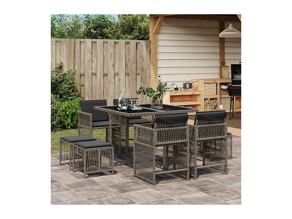 Laura Lucía  Ensemble à manger de jardin 9 pcs coussins gris résine tressée