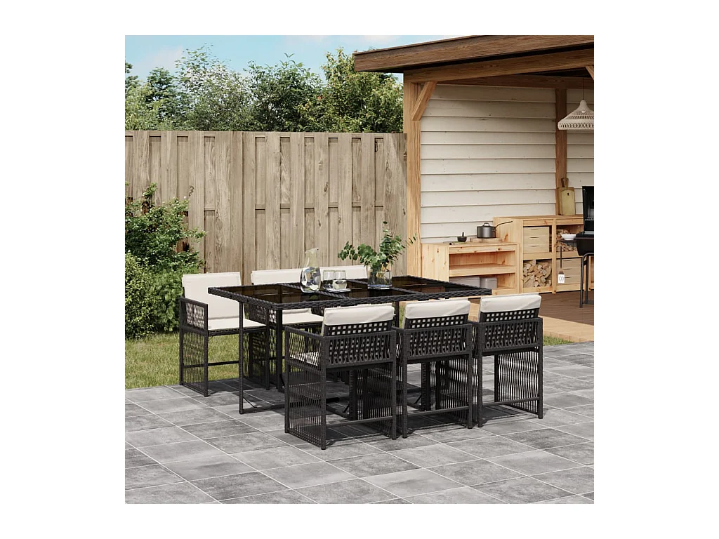 Jeffersontown  Ensemble à manger de jardin coussins 7pcs Noir Résine tressée